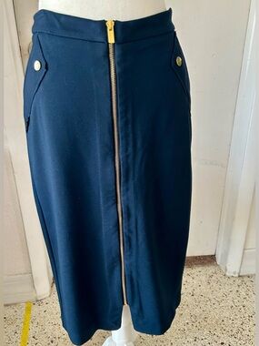 Catherines Navy Pencil Skirt with Gold Front Zipper